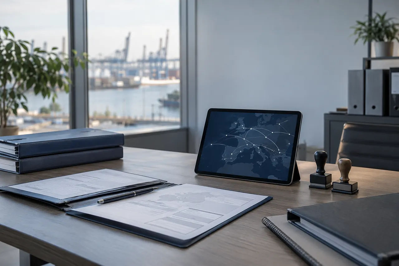 Carpetas, sellos y una tablet con un mapa de rutas sobre la mesa donde se prepara un envío.